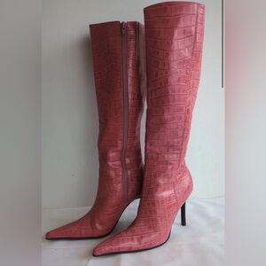 Pink Croc-Embossed Knee-High Pointed Toe Boots